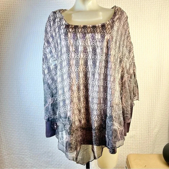 One World Plus Sz 1X Printed Long Sleeve Top w/ Chiffon Embellish Poncho Purple - Picture 3 of 14